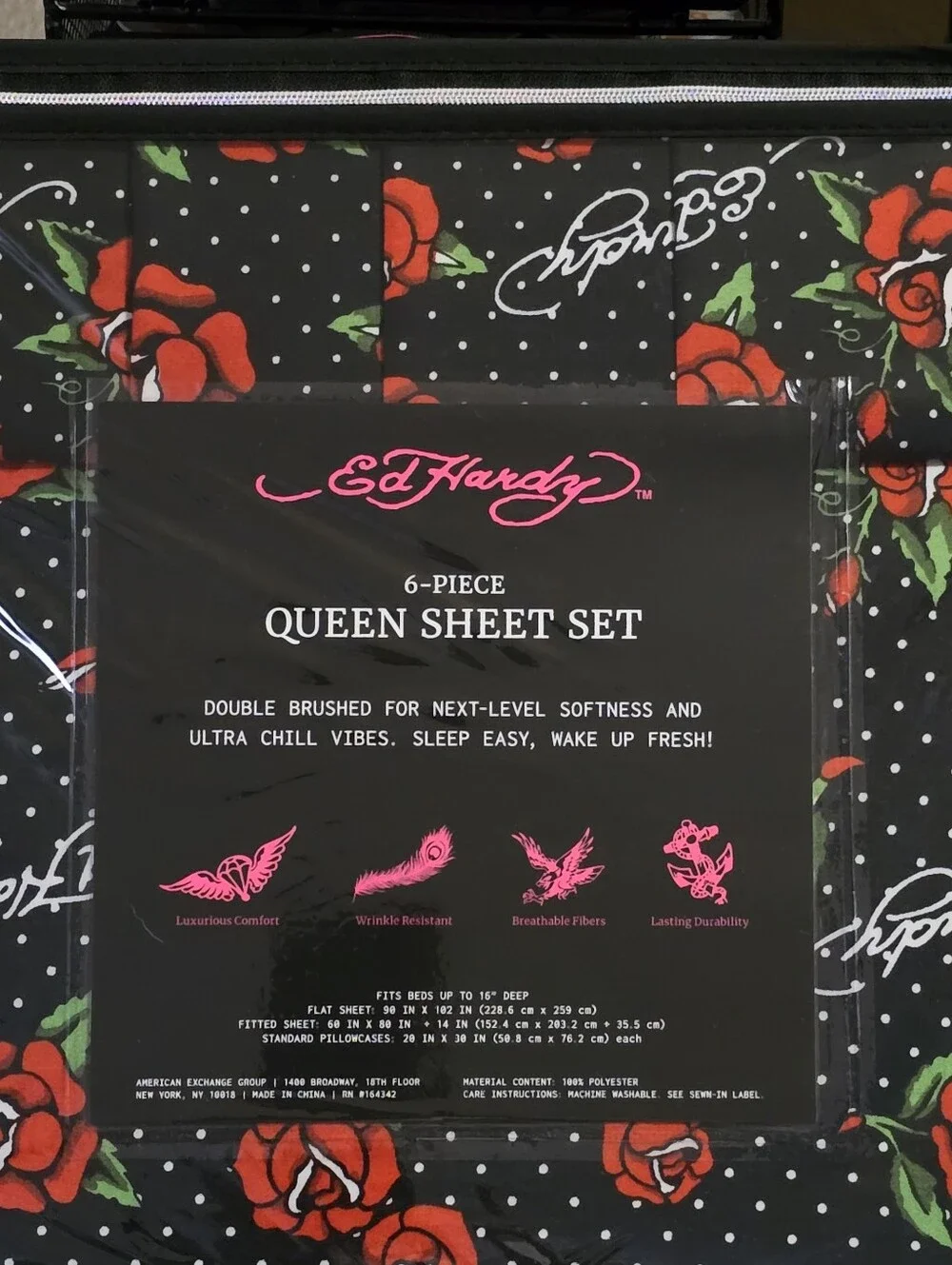 🌹 Ed Hardy 6 Piece Rose Polkadot Queen Sheet Set
